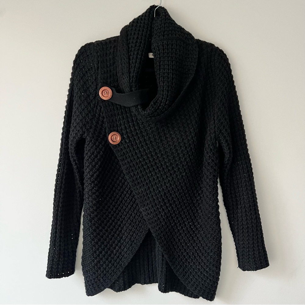 NEW Black Chunky Knit Sweater with Button Detail High Low Size S M